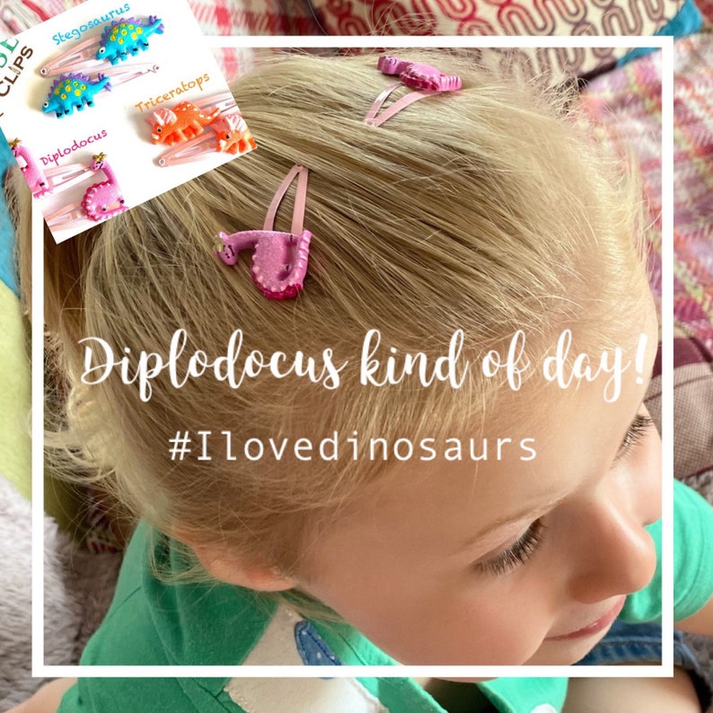 May include: Two pink hair clips featuring glittery pink Diplodocus dinosaur charms. The image includes text that reads Diplodocus kind of day! and #Ilovedinosaurs, along with an inset showing Stegosaurus, Triceratops, and Diplodocus clips.