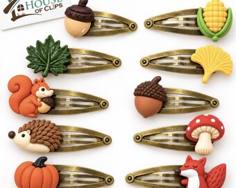 Woodland Friends Autumn Hair Clips – Set of 10 | Fox, Squirrel, Hedgehog, Mushroom, Pumpkin & Acorn Hair Clips | October Hair Accessories