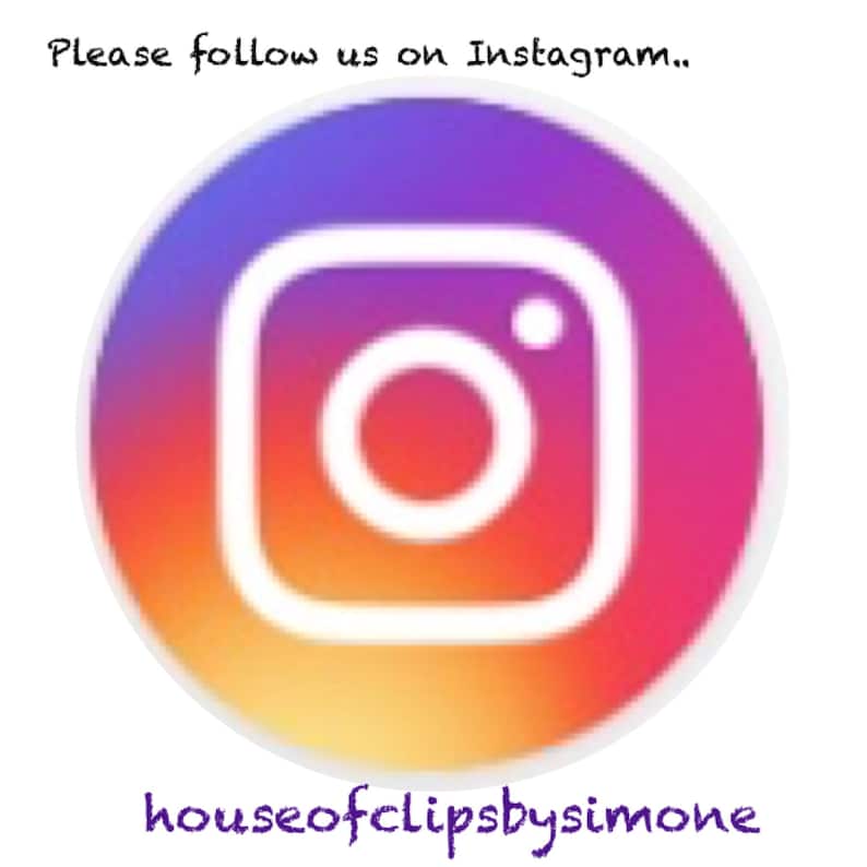 May include: A circular graphic with the Instagram logo, featuring a gradient of orange, purple, and pink. The text "Please follow us on Instagram.." is above the logo, and "houseofclipsbysimone" is below.