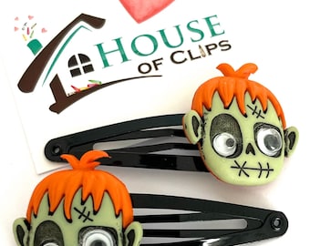 Zombie Boy Hair Clips, Set of 2 Halloween Skeleton Barrettes, Spooky Goth Hair Accessories, Handmade Halloween Hair Clips, Halloween Gift