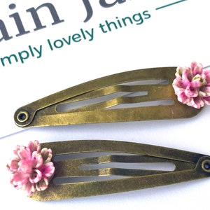 Floral Hair Clips: Pink Rose Antique Gold Barrettes (Set of 2)