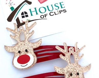 Glitter Reindeer Hair Clips, Christmas Snap Clips, Festive Handmade Kids Hair Accessories, Holiday Hair Clips, Stocking Filler Gift, handmad