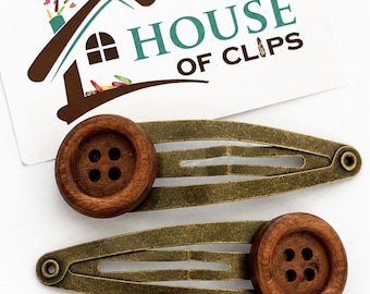 Grandad's Missing Button Hair Clips x2 / Button Hair Clips / Vintage Style Hair Clips / Hair Clips Ladies / Ladies Brown Snap Clips / Vintag