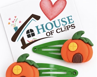 Pumpkin House Hair Clips – Cute Autumn Hair Clips – Pumpkin Hair Slides – Halloween Hair Accessories – Girls Fall Hair Clips – Set of 2