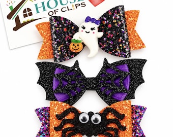 Halloween Hair Bow Clip, Girls Spooky Hair Bow, Ghost Spider Web Hair Clip, Glitter Halloween Bow, Creepy Cute Hair Accessory