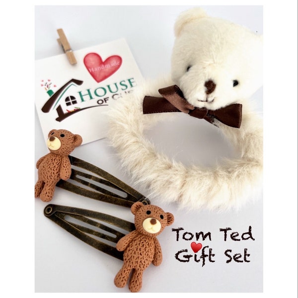 Tom Ted Gift Set - Gift Under 10 Pounds - Teddy Bear Antique Style - Gift For Niece Granddaughter Daughter -Fun Handmade Hair Clips For Kids