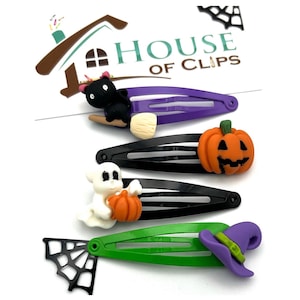 Halloween Hair Clip Set of 4, Pumpkin, Ghost, Witch, Cat Snap Clips, Spooky Cute Hair Accessories for Kids, Girls, Trick or Treat Gift