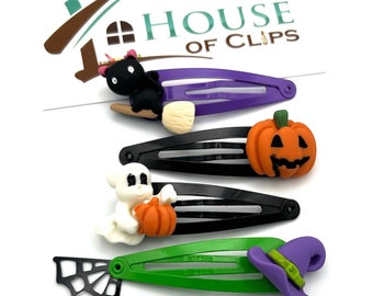 Conjunto de 4 grampos de cabelo de Halloween, abóbora, fantasma, bruxa, grampos de pressão de gato, acessórios de cabelo fofos e assustadores para crianças, meninas, presente de gostosuras ou travessuras