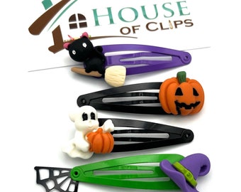 Halloween Hair Clips x4 Gift Set - Halloween Pumpkin Hair Clips - Halloween Witch Snap Clips - Halloween Ghost Party Hair - Halloween Gift