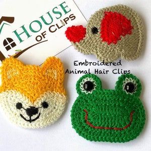 Embroidered Animal Hair Clips - Embroidered Animal Barrettes - Handmade Girls Hair Clips - Cheer Up Gift  - Stocking Filler- Boys Hair Clips