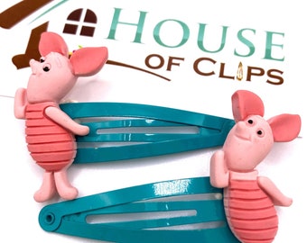 Pinzas para el pelo de cerdito rosa, pinzas para el pelo de cerdito, accesorios para el pelo de animales, pasadores de animales de granja, regalo para niñas, pinzas para el pelo hechas a mano, lazo rosa para el pelo.
