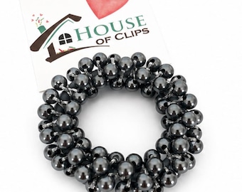 Gothic Grey Beaded Hair Band | Dark Pearl Hair Tie | Alternative Hair Accessory | Beaded Bobble | Gothic Ponytail Holder