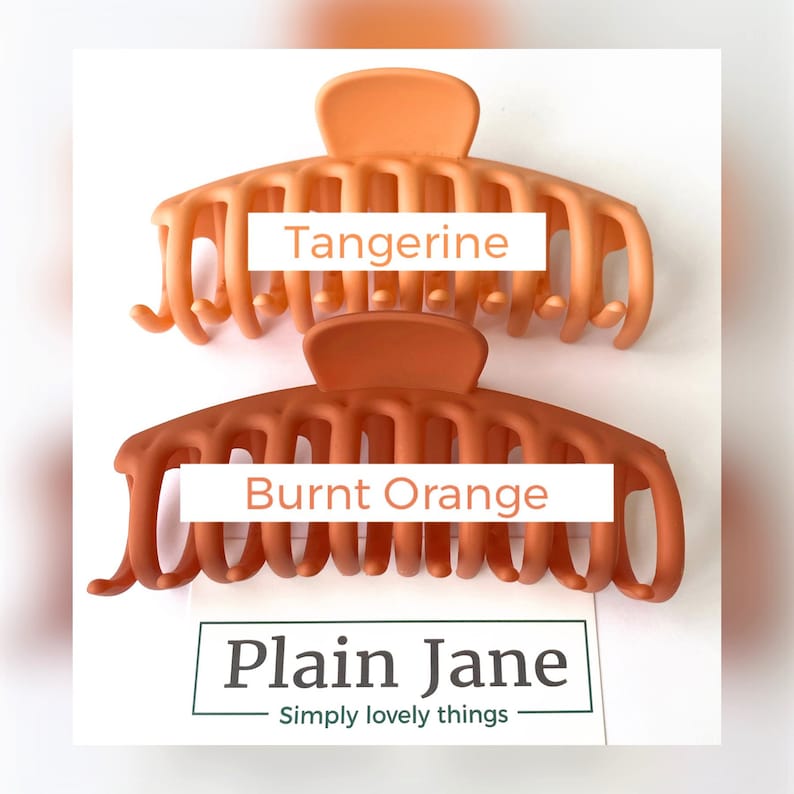 Puede incluir: Dos grandes pinzas para el pelo de pl&aacute;stico en tonos naranja. La pinza superior es de un tono naranja m&aacute;s claro y est&aacute; etiquetada como "Tangerine". La pinza inferior es de un tono naranja m&aacute;s oscuro y est&aacute; etiquetada como "Burnt Orange". El texto "Plain Jane Simply lovely things" est&aacute; en la parte inferior de la imagen.
