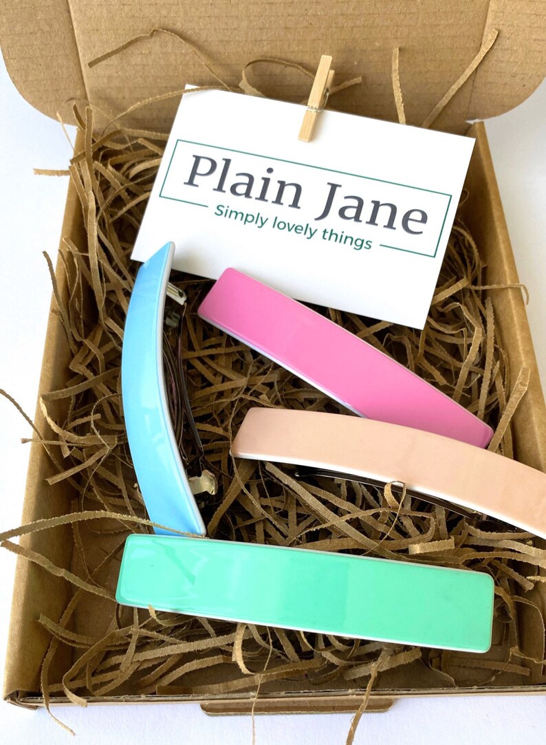 May include: Set of four hair clips in a cardboard box with brown paper shredding. The clips are in shades of blue, pink, green, and peach. The box has a card with the text "Plain Jane Simply lovely things".