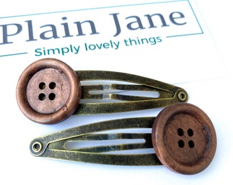 Grandad's Missing Button Hair Clips x2 / Button Hair Clips / Vintage Style Hair Clips / Hair Clips Ladies / Ladies Brown Snap Clips / Vintag