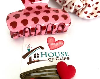 Pick Me Choose Me Love Me Hair Clip Bundle, Heart Hair Accessories Set, Pink Claw Clip, Scrunchie & Snap Clips, Valentines Gift Idea