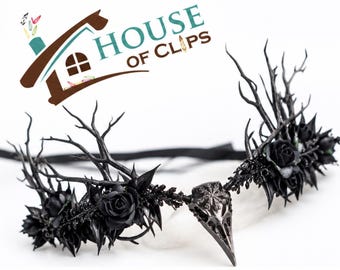 Dark Enchanted Forest Crown | Black Gothic Antler Headpiece | Raven Skull Halloween Hair Accessory | Witch Costume Crown | Court of Thorns