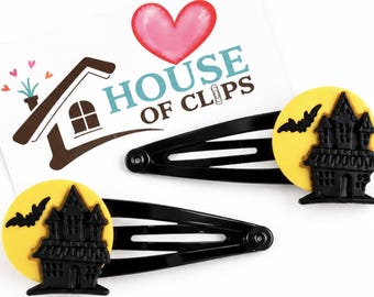 Haunted House Hair Clips – Halloween Hair Clips – Spooky Castle Hair Slides – Black Yellow Hair Clips – Girls Halloween Accessories – Set x2