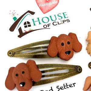 May include: Two red setter dog hair clips with bronze-colored metal clasps. The clips feature a 3D dog head design. The image also includes the text "House of Clips" and "Red Setter".