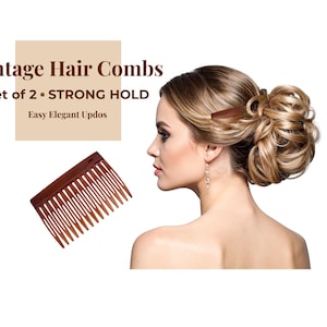 May include: Two brown vintage hair combs are shown, one in a woman's updo. The image text reads "Vintage Hair Combs, Set of 2, Strong Hold, Easy Elegant Updos." These combs are designed for easy, elegant updos.