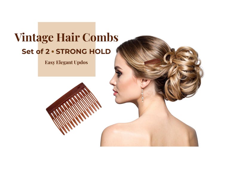 May include: Two brown vintage hair combs are shown, one in a woman's updo. The image text reads "Vintage Hair Combs, Set of 2, Strong Hold, Easy Elegant Updos." These combs are designed for easy, elegant updos.