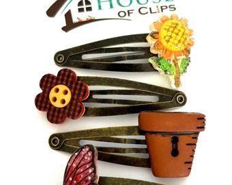 Sunflower, Plant Pot, Autumn Flower & Butterfly Hair Clip Set – Antique Gold, Autumn Fall Hair Clip Set, Autumn Gift Best Friend, Unique