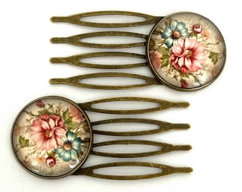 Vintage Floral Hair Combs Pair | Bronze Hair Accessories | Romantic Bridal Bun Combs | Cottagecore Wedding Hair Piece