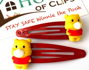 MANTENTE SEGURO Pinzas para el cabello de Winnie the Pooh - Regalos de Winnie the Pooh - Regalo de mascarilla facial hecha a mano - Pinzas para el cabello de oso