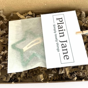 Pu&ograve; includere: Una scatola di cartone riempita di carta crespa marrone e una carta bianca con il testo "Plain Jane Simply lovely things". Una piccola molletta di legno &egrave; attaccata alla carta. Un oggetto a forma di stella &egrave; visibile all'interno della scatola.