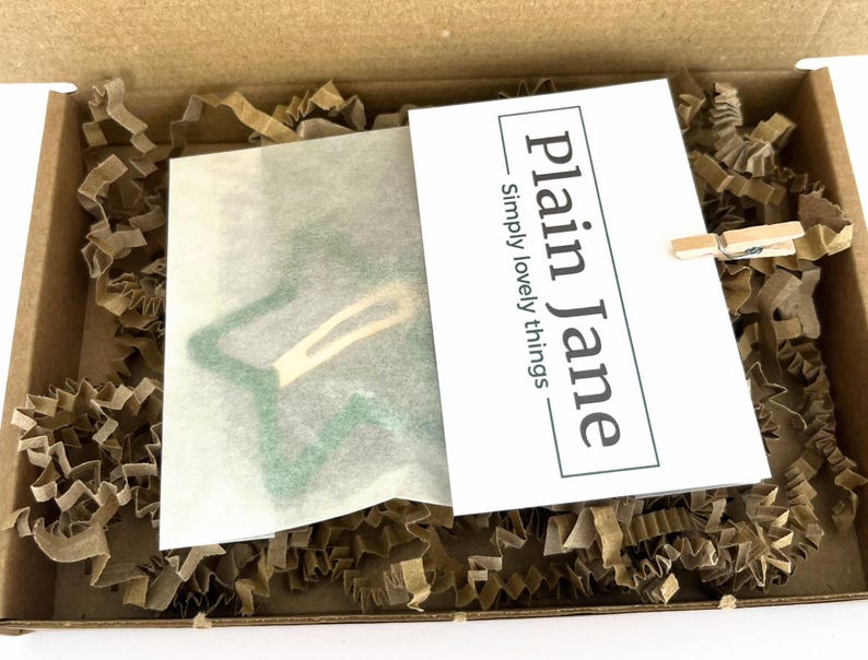 Pu&ograve; includere: Una scatola di cartone riempita di carta crespa marrone e una carta bianca con il testo "Plain Jane Simply lovely things". Una piccola molletta di legno &egrave; attaccata alla carta. Un oggetto a forma di stella &egrave; visibile all'interno della scatola.