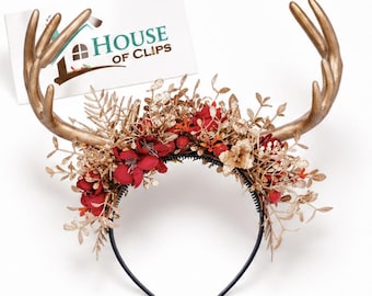 Christmas Reindeer Antler Headband | Scrooge Inspired Christmas Carol Headpiece | Festive Floral Antlers Gold Green Red Black