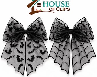 Halloween Hair Bow Clip | Large Black Lace Bow | Bat or Spiderweb Hair Bow | Spooky Halloween Hair Accessory