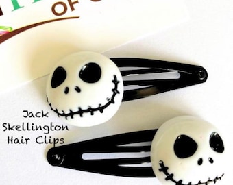 Grampos de cabelo Jack Skellington x2 - Grampos de cabelo de Halloween - Grampos de cabelo góticos - Acessórios de cabelo assustadores de Halloween - Grampos de pressão de Halloween