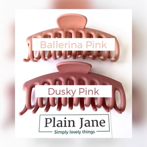 Puede incluir: Dos grandes pinzas para el pelo de pl&aacute;stico en tonos rosados. La pinza superior es de un tono rosa m&aacute;s claro y est&aacute; etiquetada como "Ballerina Pink". La pinza inferior es de un tono rosa m&aacute;s oscuro y est&aacute; etiquetada como "Dusky Pink". El texto "Plain Jane" est&aacute; debajo de las pinzas con el lema "Simply lovely things".