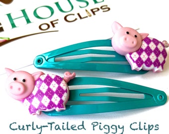 Curly Tailed Piggy Hair Clips x2 - Pig hair clips - Farm Life Gift- Non Slip Hair Clips - Gift for Niece - Pink Pigtail Clips - Farm Gift