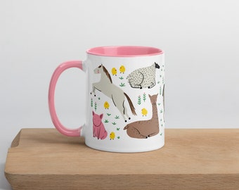 Farm Animals Mug | Pink Handle Ceramic Coffee Cup
