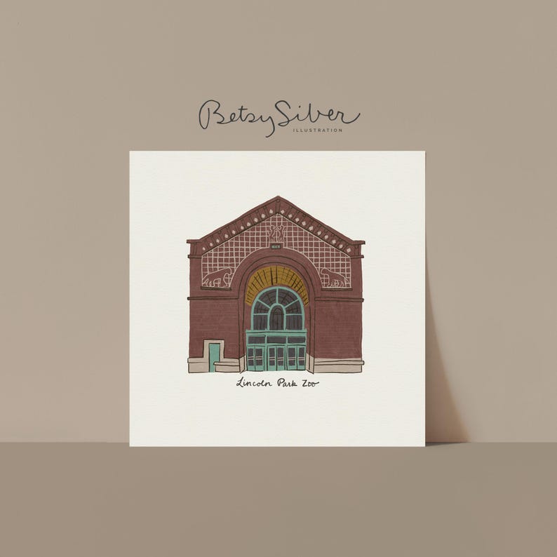 May include: Illustration of the Lincoln Park Zoo building, featuring a brick facade, arched windows, and a teal door. The artwork is signed "Betsy Silver Illustration" in cursive.