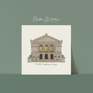 Könnte beinhalten: Illustration des Art Institute of Chicago. Das Kunstwerk zeigt die Fassade des Gebäudes mit gewölbten Fenstern und einem klassischen architektonischen Stil. Das Kunstwerk ist signiert "Betsy Silver Illustration".