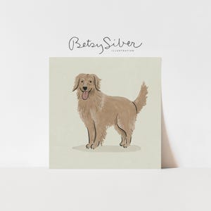 Könnte beinhalten: Illustration eines Golden Retriever-Hundes, der steht und die Zunge herausstreckt. Der Hund ist in Beige- und Brauntönen dargestellt, mit einem hellbeigen Hintergrund. Der Text "Betsy Silver Illustration" befindet sich in der oberen linken Ecke.
