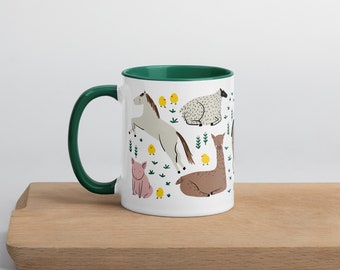 Farm Animals Mug | Hand-Drawn Horse, Pig, Alpaca | Green Ceramic Mug