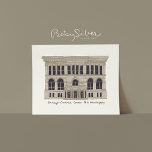 Könnte beinhalten: Eine Illustration des Chicago Cultural Center, 78 E. Washington, in minimalistischem Stil. Das Gebäude ist in Beige und Dunkelgrau dargestellt, mit dem Text "Chicago Cultural Center 78 E. Washington" unten. Die Signatur des Künstlers befindet sich oben.