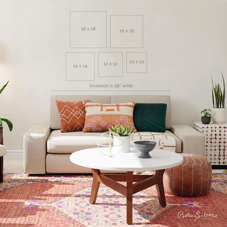 May include: A living room scene with a beige loveseat, decorative pillows, and a round coffee table. Above the loveseat are five framed squares, labeled with dimensions in inches. The loveseat is labeled as 58 inches wide.
