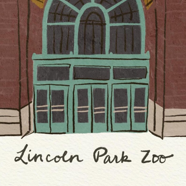 May include: Illustration of the entrance to the Lincoln Park Zoo. The building features a teal-colored facade with multiple doors and arched windows. The text "Lincoln Park Zoo" is written in a cursive font at the bottom of the image.