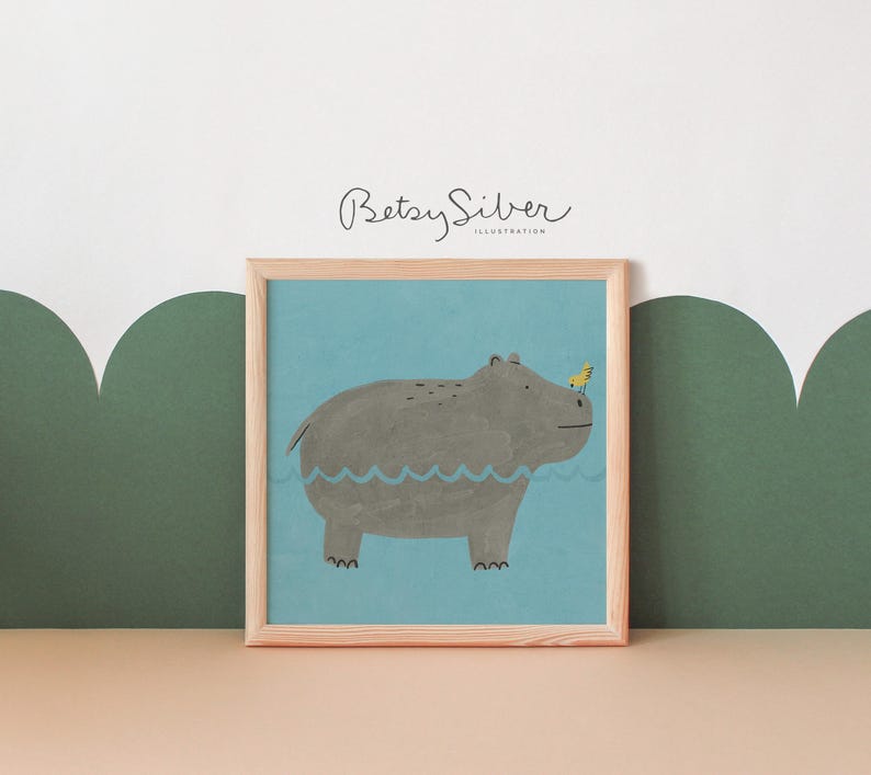 Lámina artística enmarcada de hipopótamo / Decoración de pared divertida para habitación infantil imagen 5