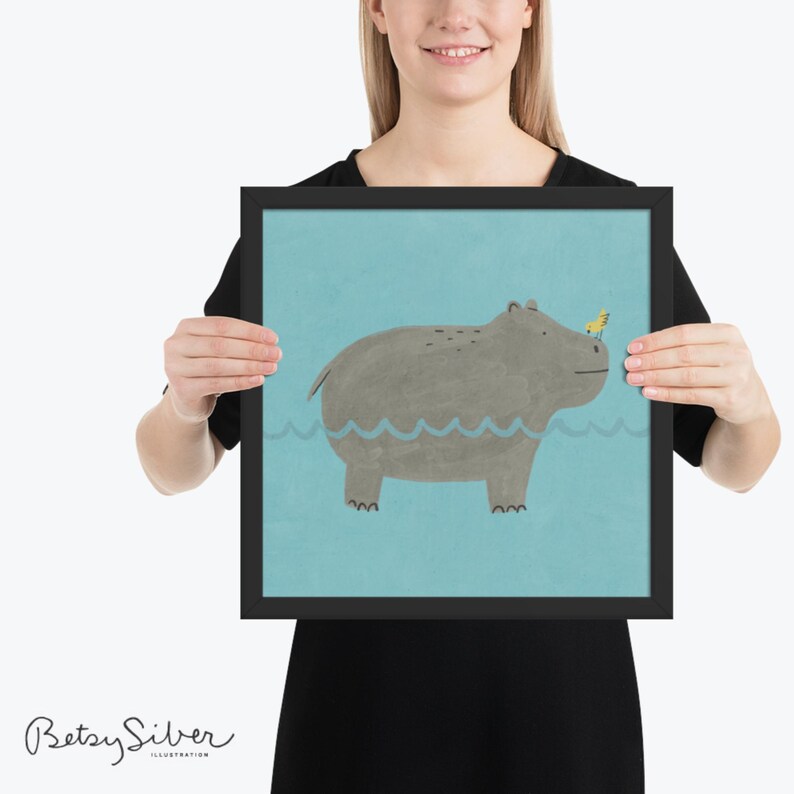 Lámina artística enmarcada de hipopótamo / Decoración de pared divertida para habitación infantil imagen 2