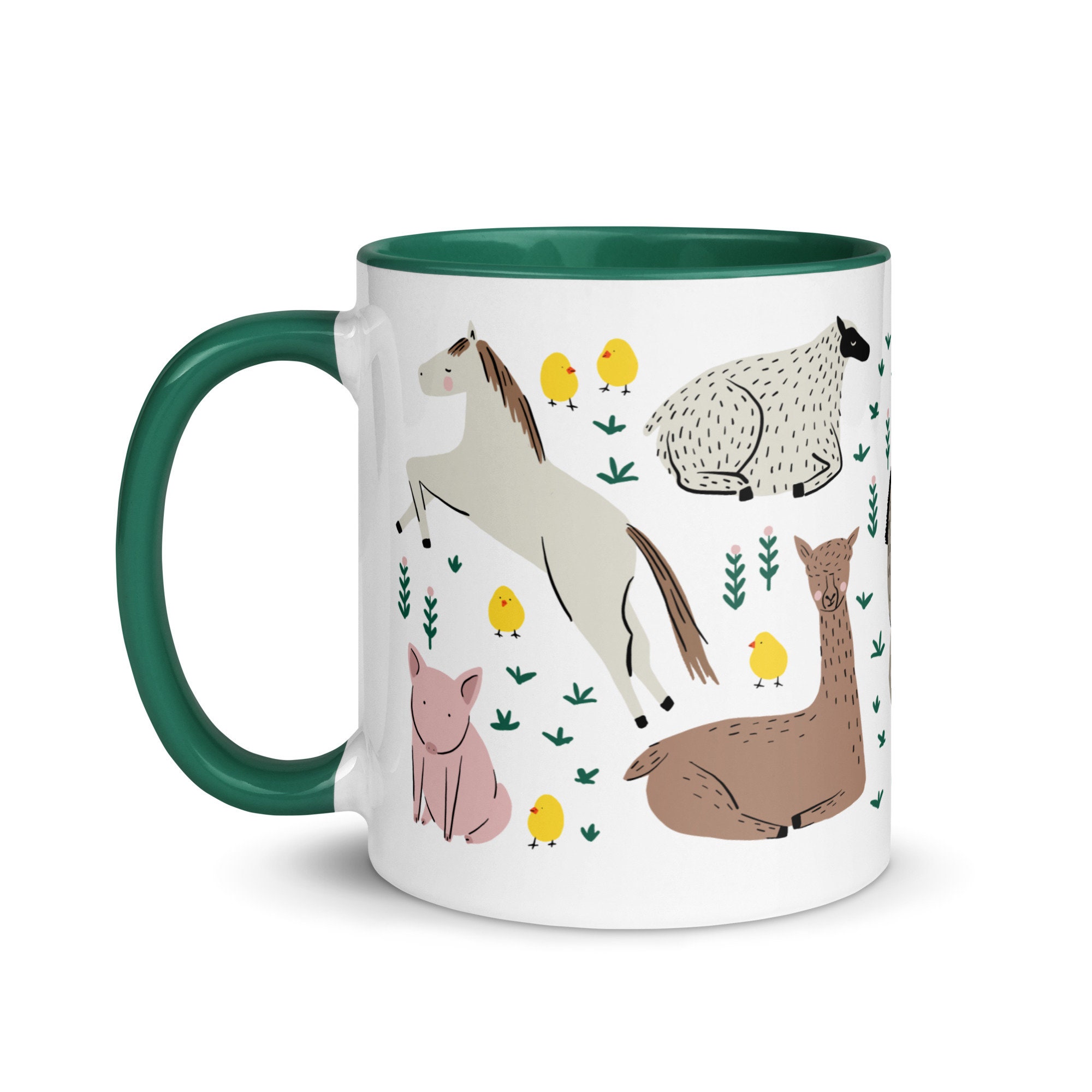 Tazza con animali da fattoria / Cavallo, maiale, alpaca disegnati a mano / Tazza in ceramica verde - Italia