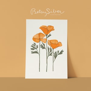 Könnte beinhalten: Eine Aquarellillustration von drei orangefarbenen kalifornischen Mohnblumen mit grünen Stielen und Blättern. Das Kunstwerk befindet sich auf einem weißen Hintergrund mit der Signatur des Künstlers, "Betsy Silver Illustration", in Schreibschrift oben.