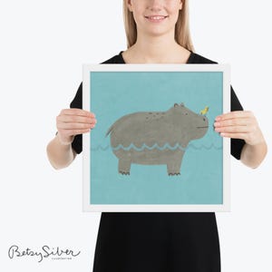 Lámina artística enmarcada de hipopótamo / Decoración de pared divertida para habitación infantil imagen 3