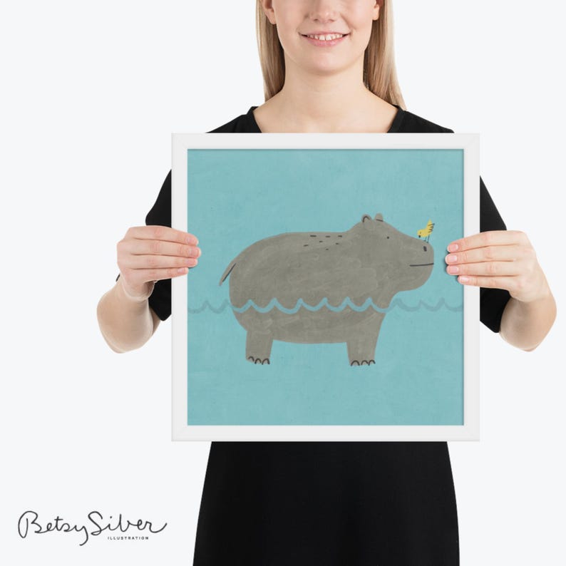 Lámina artística enmarcada de hipopótamo / Decoración de pared divertida para habitación infantil imagen 3
