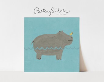 Hippo Art Print | Floating Hippopotamus with Bird Friend